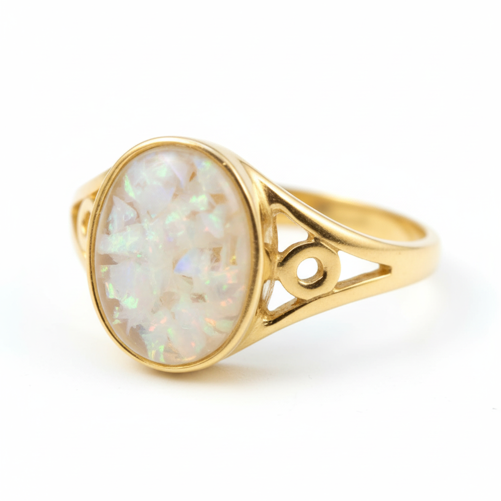 9ct gold oval signet memorial ring with white opal resin