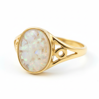 9ct gold oval signet memorial ring with white opal resin