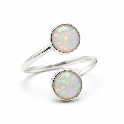 Silver 925 adjustable bypass memorial ring — white pearl opal flakes resin in both 6mm and 8mm round settings