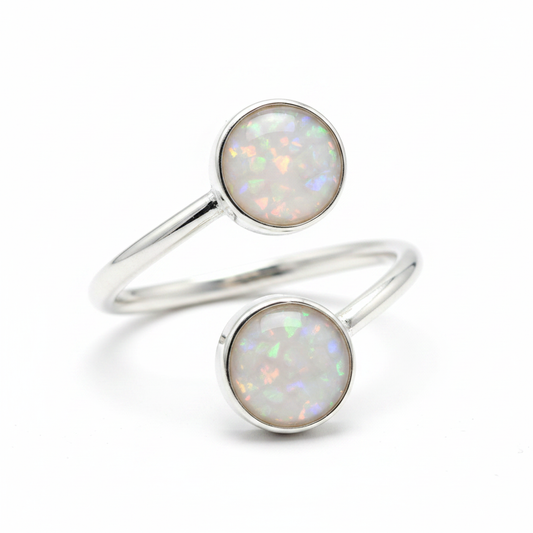 Silver 925 adjustable bypass memorial ring — white pearl opal flakes resin in both 6mm and 8mm round settings