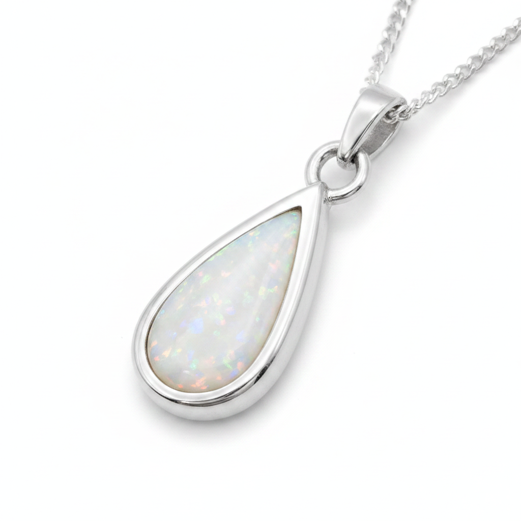 Small Thick Trim Teardrop 925 Silver Memorial Pendant with white pearl opal resin — white background