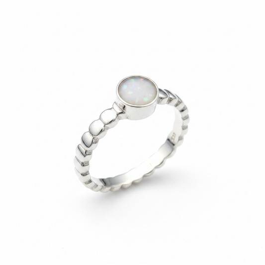 Silver 925 bobble shank memorial ring — white pearl opal flakes resin in 5mm round setting, continuous bobble bubble beaded shank