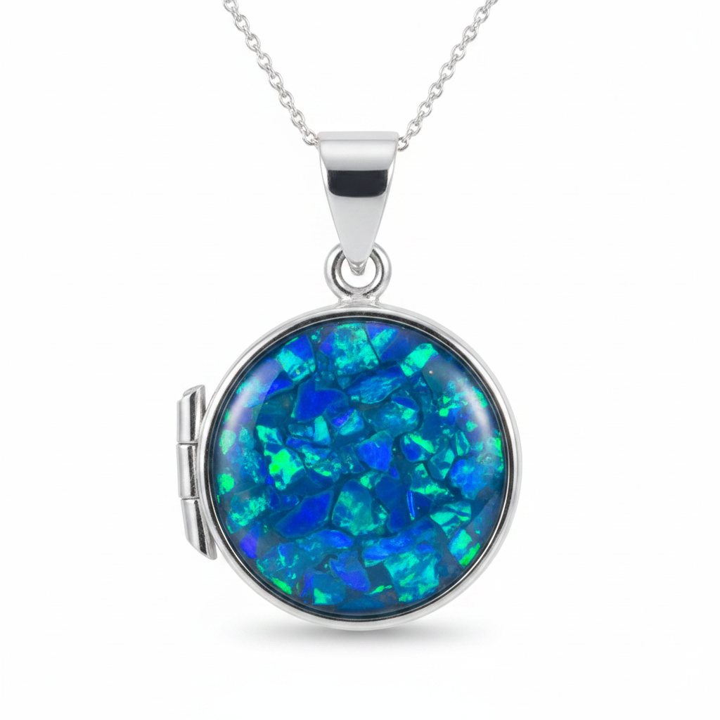 Small round solid silver 925 locket with blue teal opal resin setting
