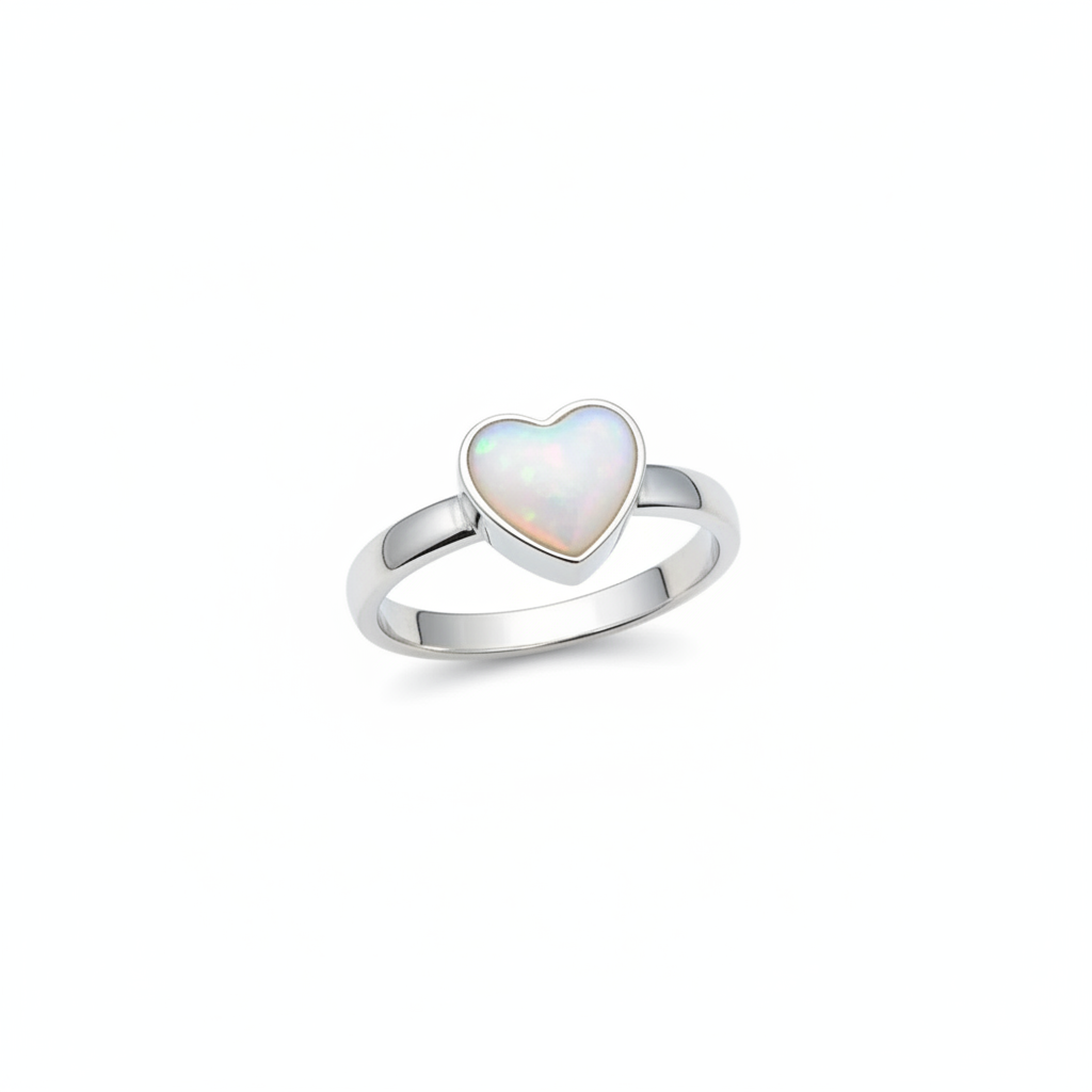 925 sterling silver plain heart memorial ring with white pearl opal shimmer resin filling heart bezel on white background
