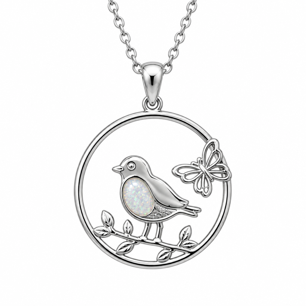 Robin and butterfly memorial pendant with white pearl opal resin