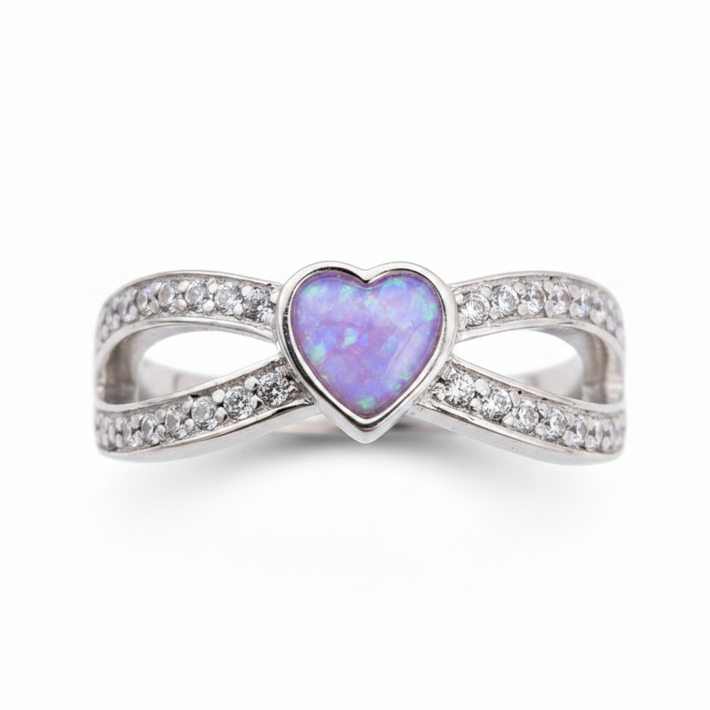 Split heart CZ 925 silver ring with lavender purple opal resin in 6mm heart centre on white background