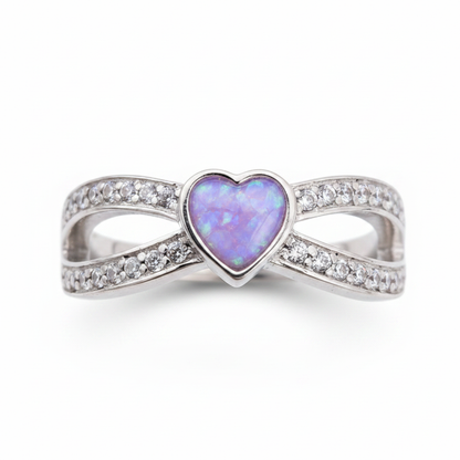Split heart CZ 925 silver ring with lavender purple opal resin in 6mm heart centre on white background