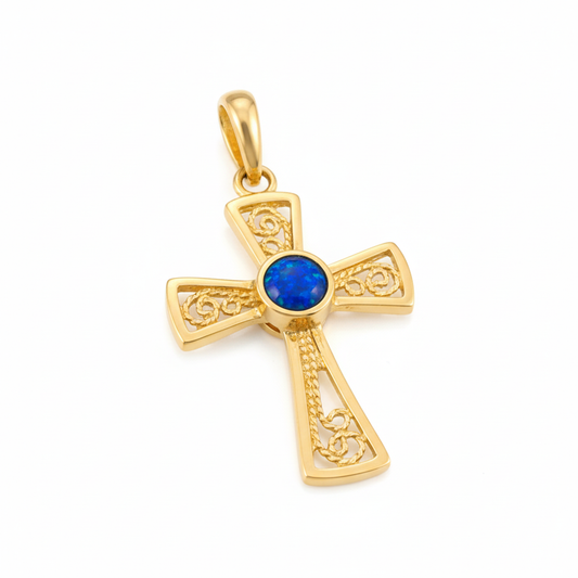 9ct gold filigree cross memorial pendant with deep blue iridescent opal flakes – white background