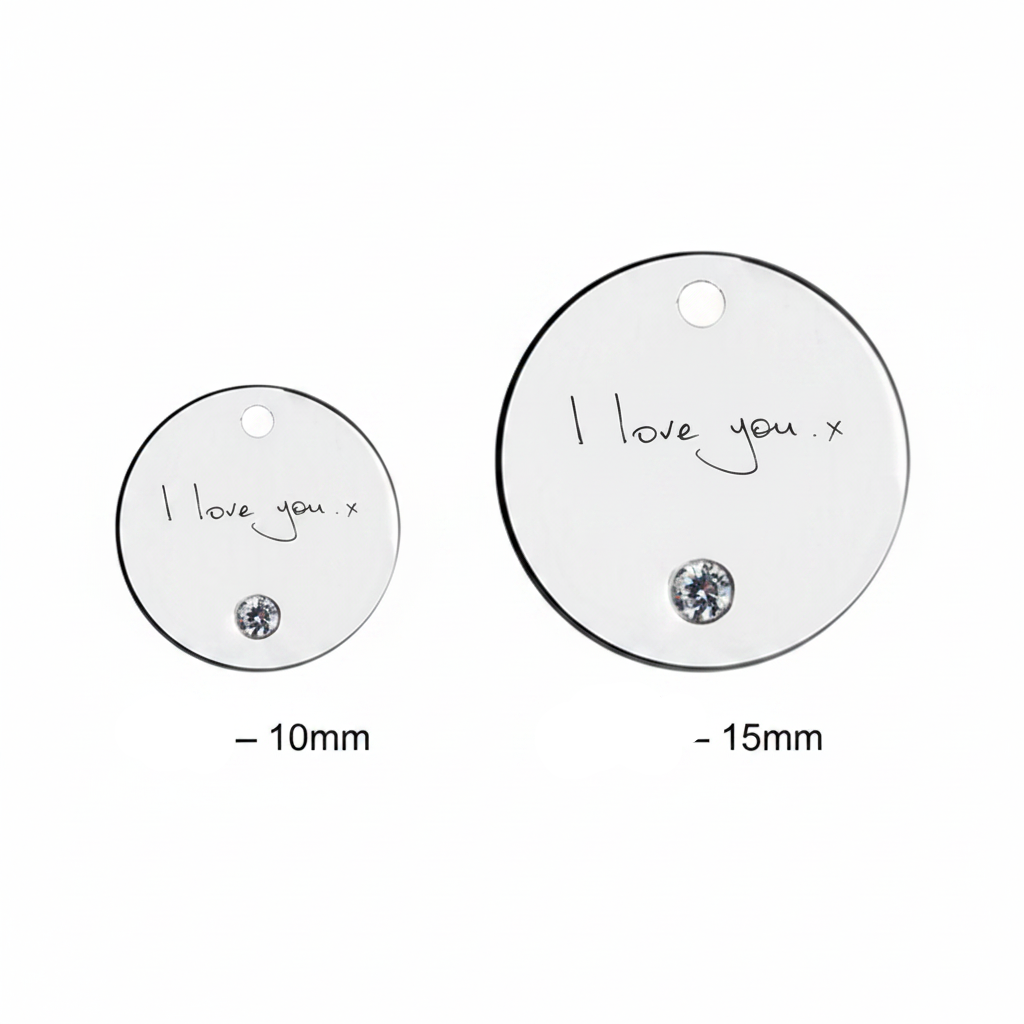 925 sterling silver cubic zirconia disc pendant size comparison 10mm and 15mm with original handwriting — Lovely Oxford