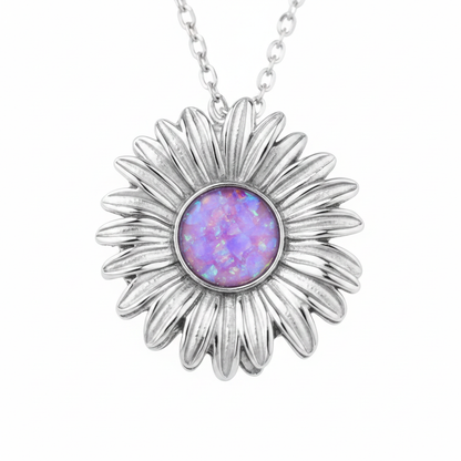 3D daisy memorial pendant necklace 316L stainless steel lavender purple opal flakes