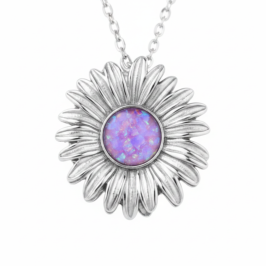 3D daisy memorial pendant necklace 316L stainless steel lavender purple opal flakes