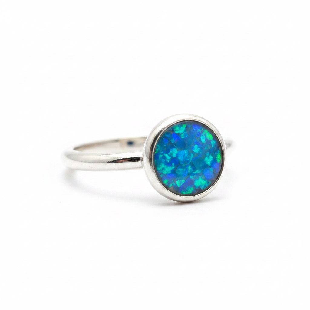 925 sterling silver 5mm round cabochon memorial ring with blue teal opal flakes in flat round resin setting on white background