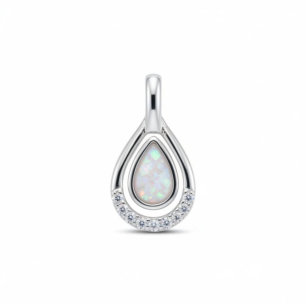 Silver 925 CZ teardrop memorial pendant with white opal and mica, white background