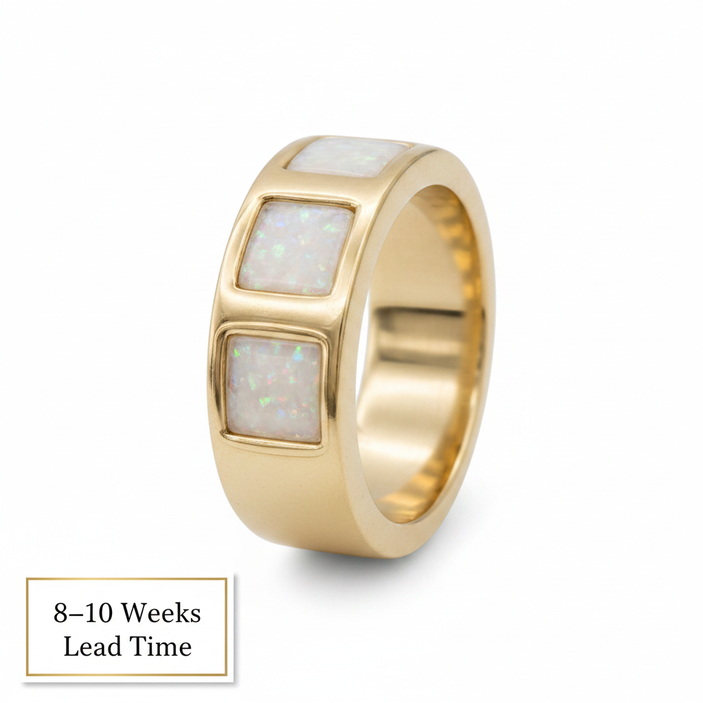 9ct Gold Gents Triple Square Band Ring — white pearl opal resin, white background