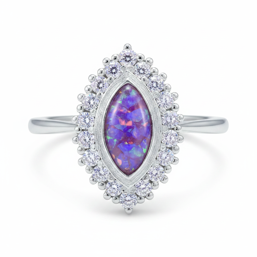 925 sterling silver marquise CZ halo memorial ring with lavender purple opal flakes in flat marquise resin setting on white background