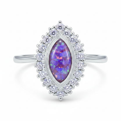 925 sterling silver marquise CZ halo memorial ring with lavender purple opal flakes in flat marquise resin setting on white background