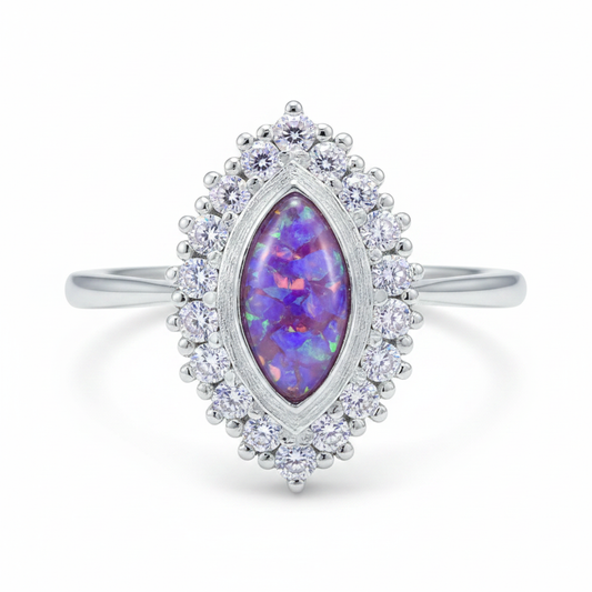 925 sterling silver marquise CZ halo memorial ring with lavender purple opal flakes in flat marquise resin setting on white background