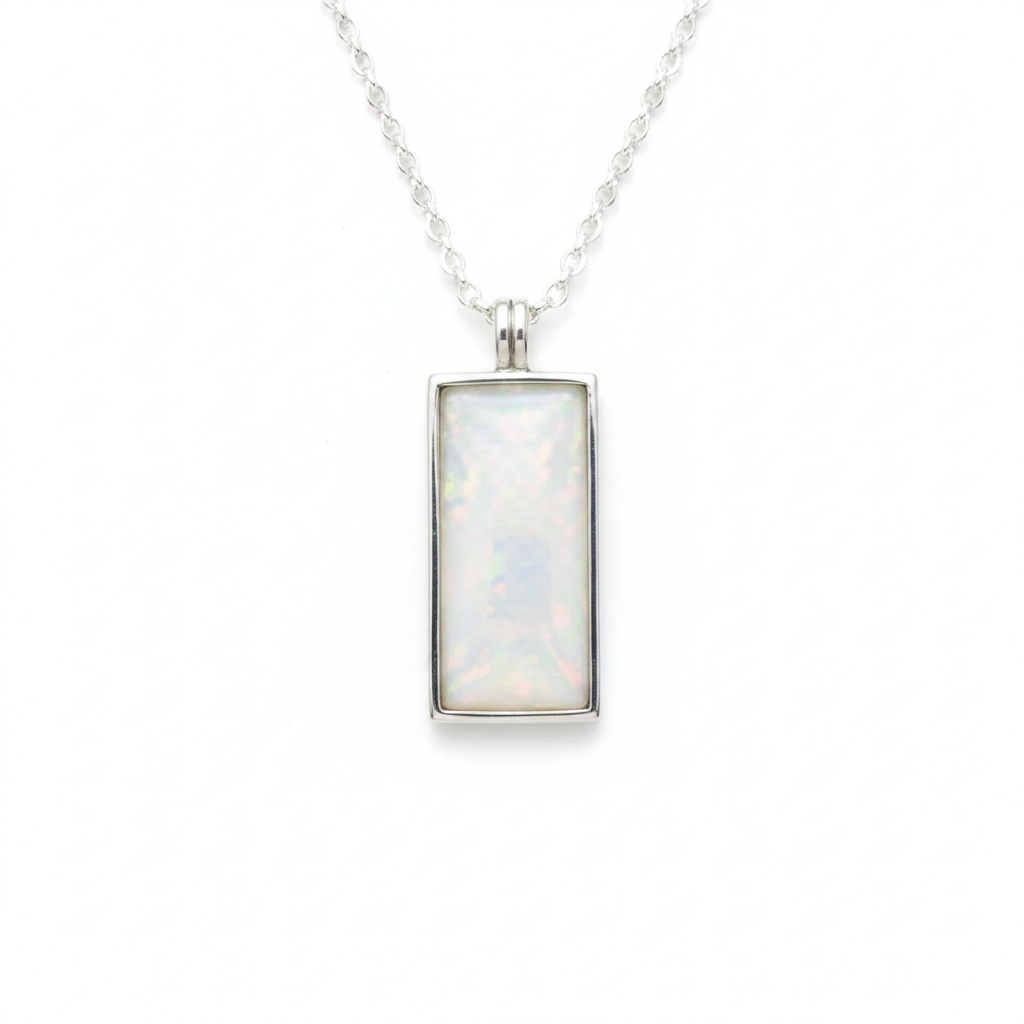 925 sterling silver rectangle dog tag memorial pendant necklace with white pearl opal shimmer resin on white background