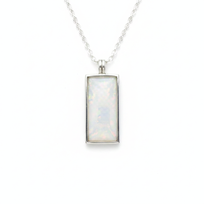 925 sterling silver rectangle dog tag memorial pendant necklace with white pearl opal shimmer resin on white background