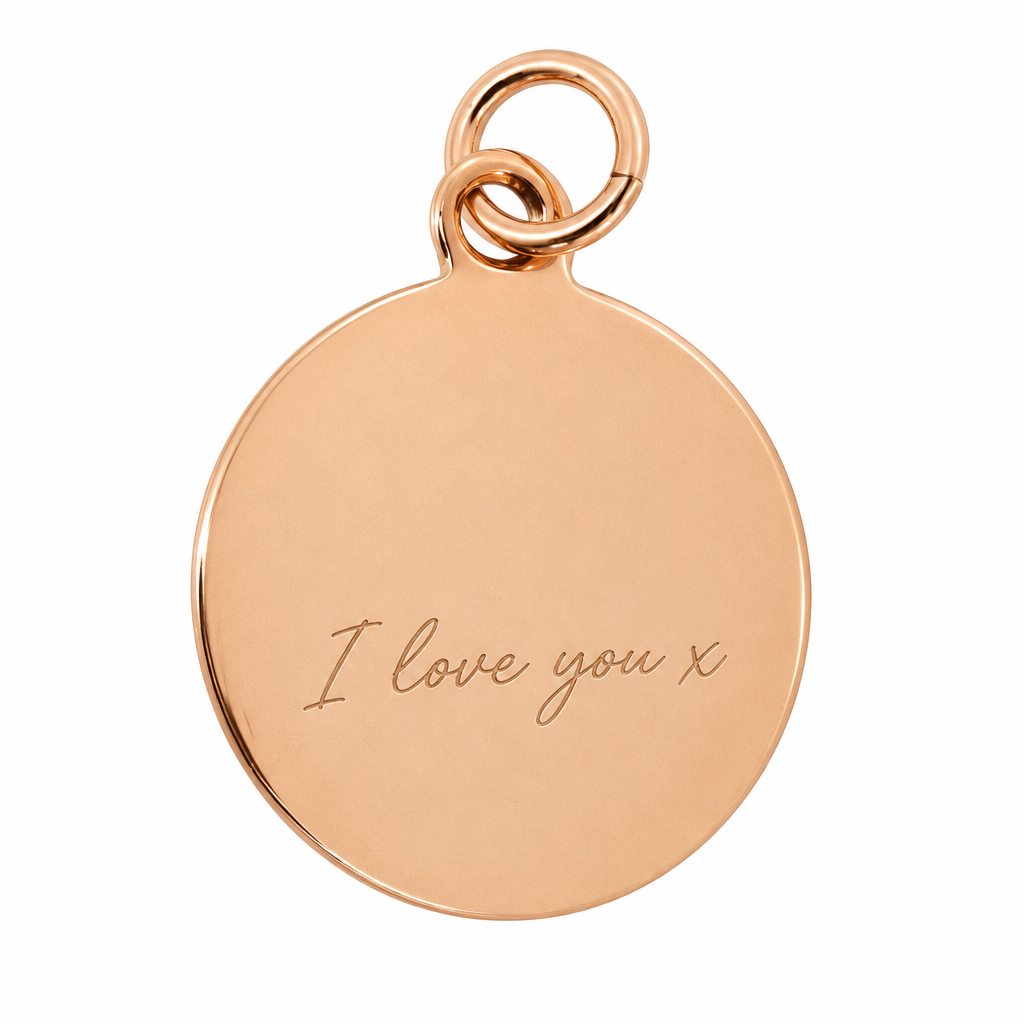 Illustrative engraved plain round rose gold pendant only, on pure white background without cushions