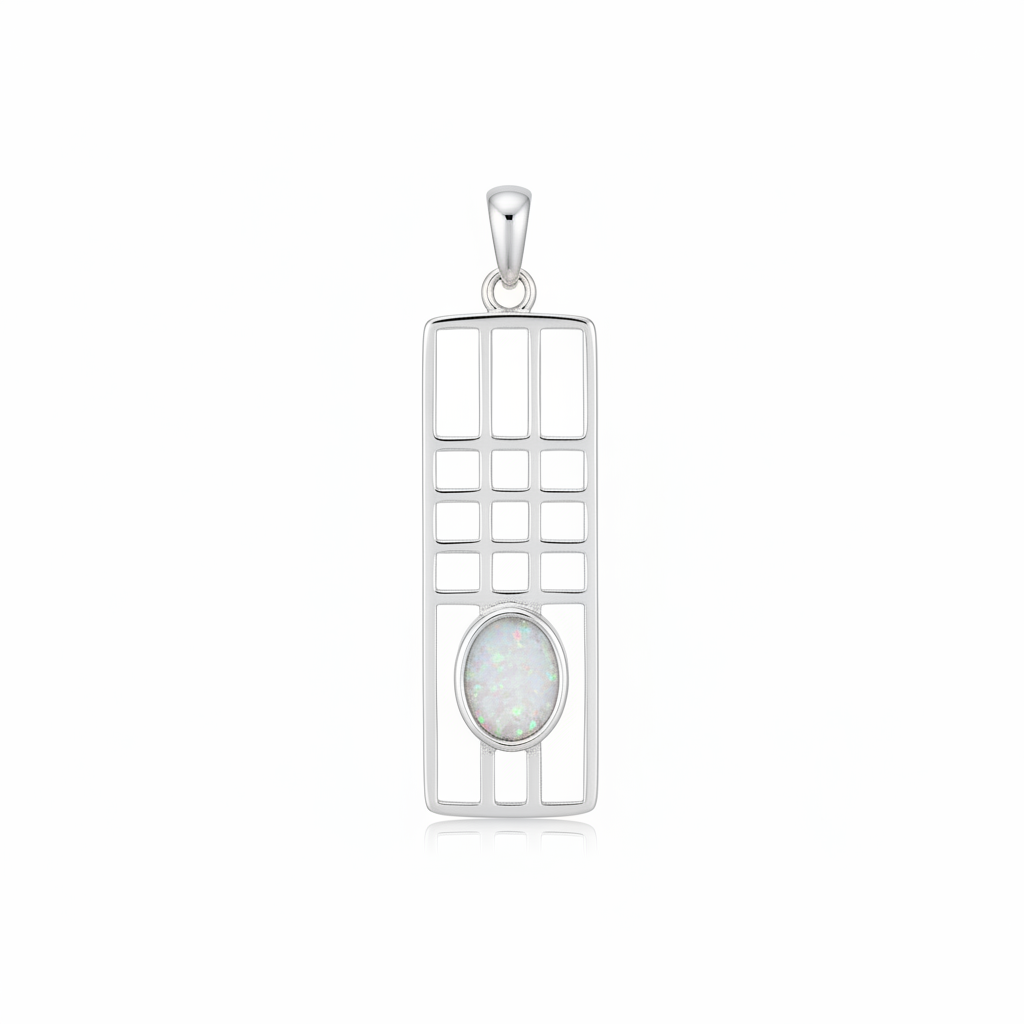 Silver 925 Mackintosh grid memorial pendant with white opal and mica, white background
