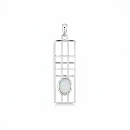 Silver 925 Mackintosh grid memorial pendant with white opal and mica, white background