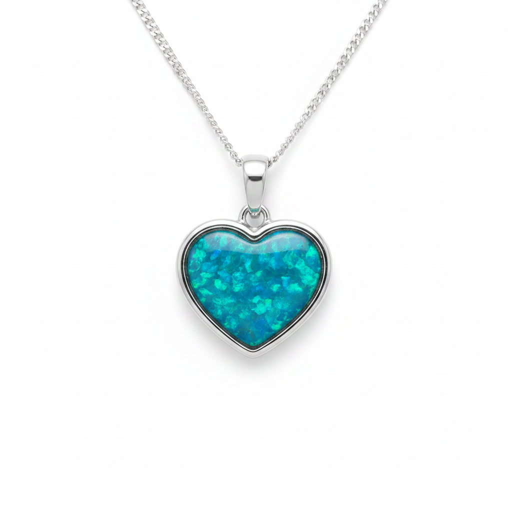Simple Heart 925 Silver Memorial Pendant with blue teal opal resin inclusion — white background