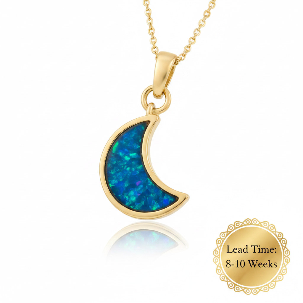 9ct gold crescent moon pendant with blue teal opal resin fill on chain, white background, lead time 8-10 weeks sticker