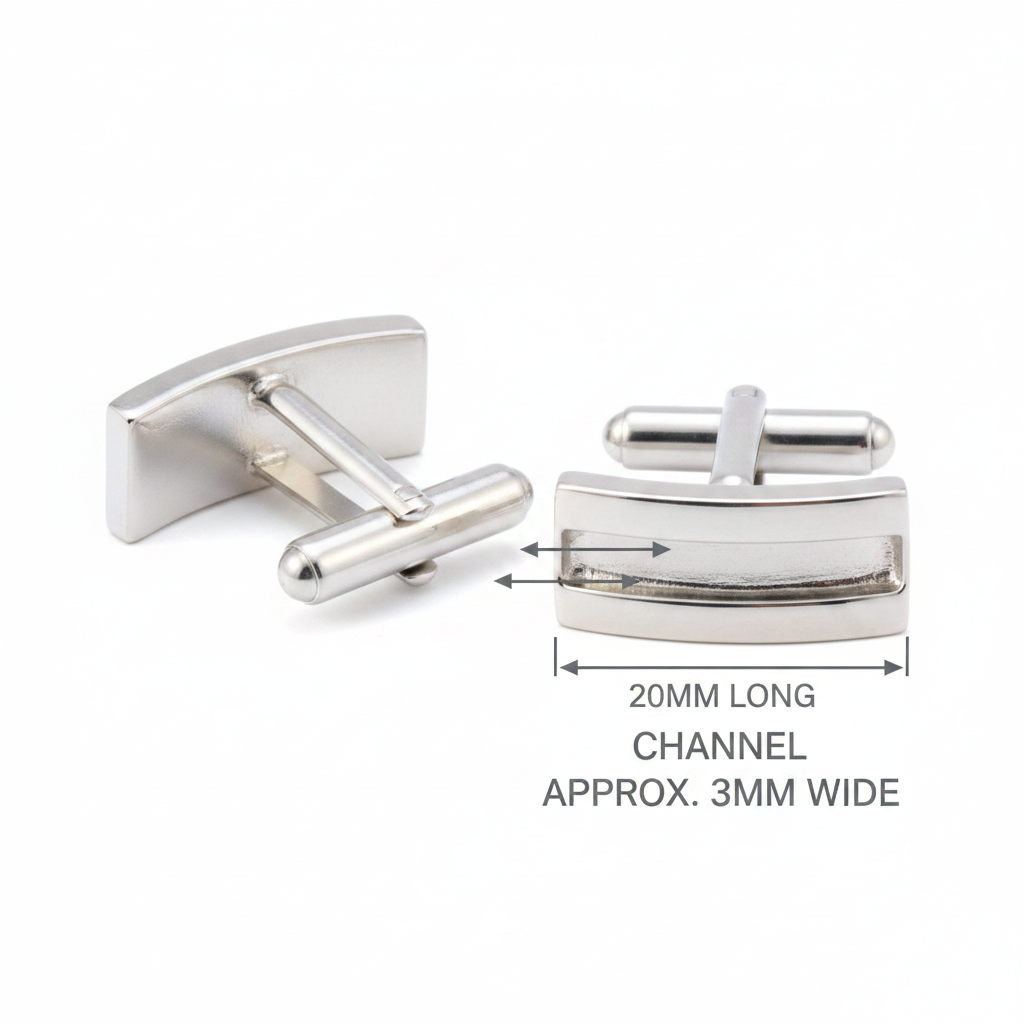Silver 925 curved rectangular channel cufflinks dimensions guide showing 3mm x 20mm channel