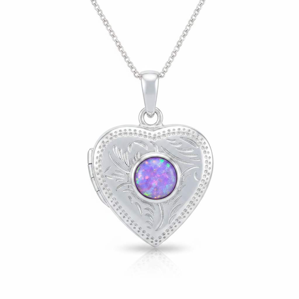Silver 925 engraved heart locket with lavender purple opal resin in 6mm centre setting on white background