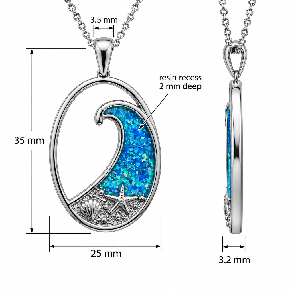 Dimensions guide for the ocean wave memorial pendant
