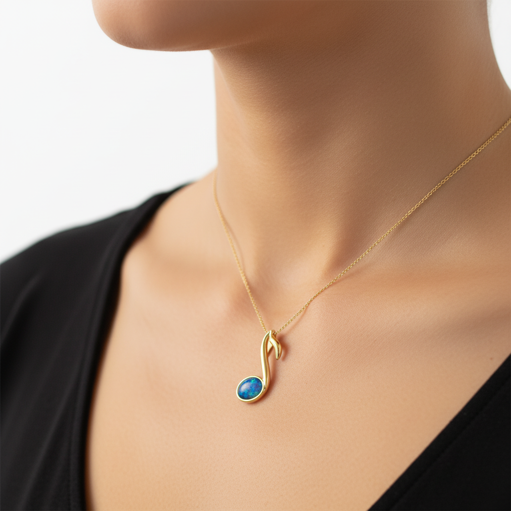 Model wearing 9ct gold music note memorial pendant showing true dainty scale on collarbone