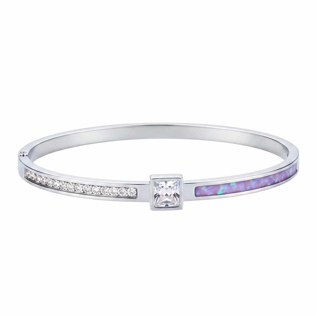 Zircon quarter fill stainless steel memorial bangle with lavender purple opal resin inclusion