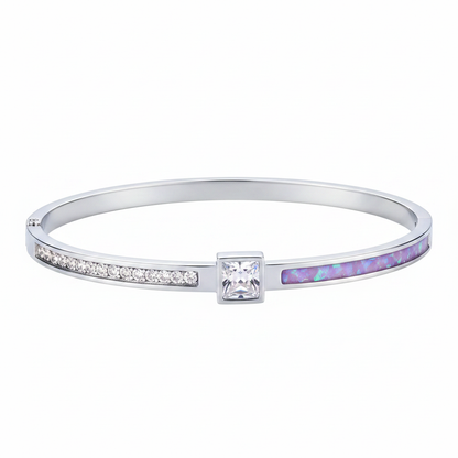 Zircon quarter fill stainless steel memorial bangle with lavender purple opal resin inclusion