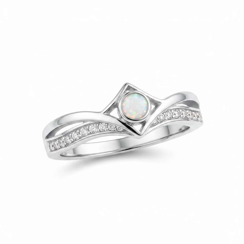 Silver 925 CZ inverted wishbone ring with white pearl opal resin in 4mm central setting on white background