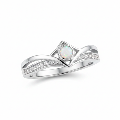 Silver 925 CZ inverted wishbone ring with white pearl opal resin in 4mm central setting on white background