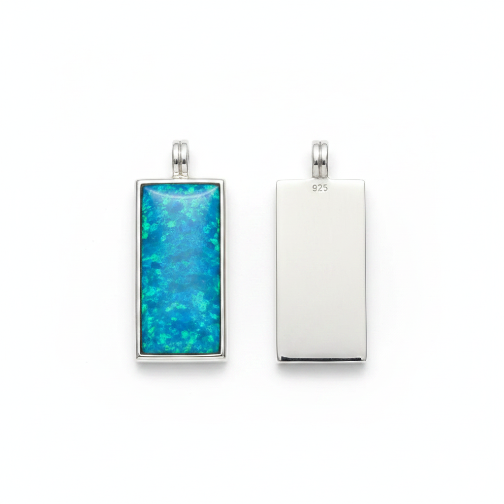 925 sterling silver rectangle dog tag memorial pendant front and back showing resin face and flat engravable back