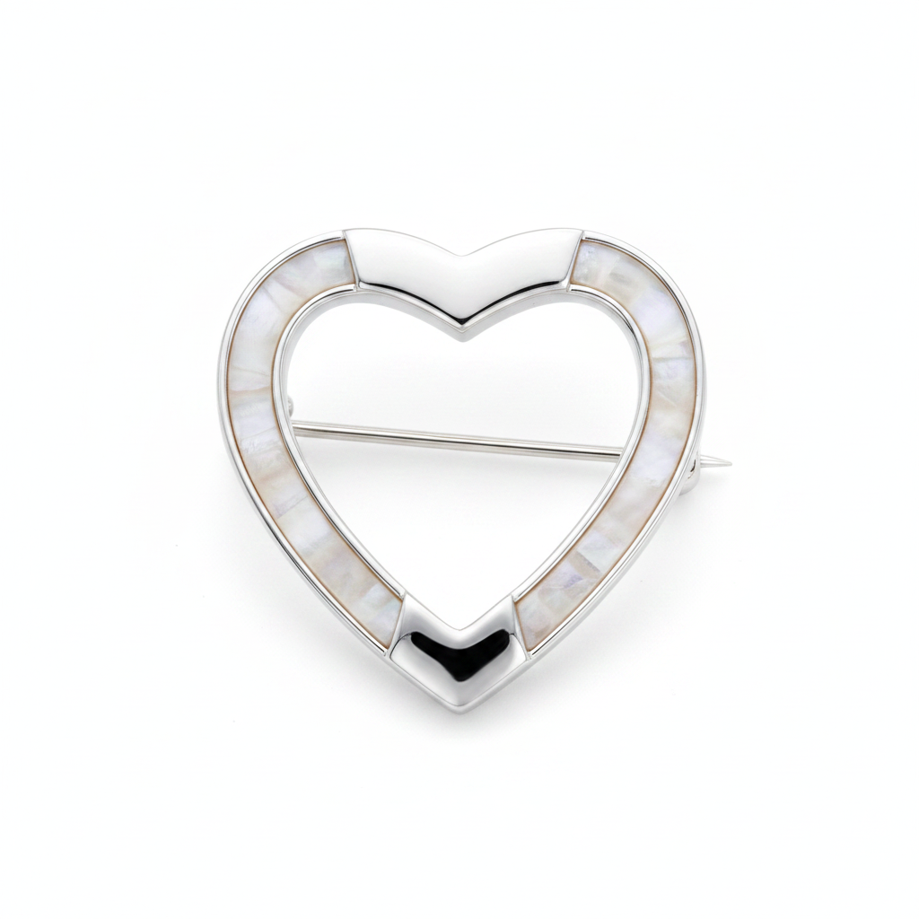 Heart Tube 925 Silver Stock Pin Brooch – white mica pearl inclusion