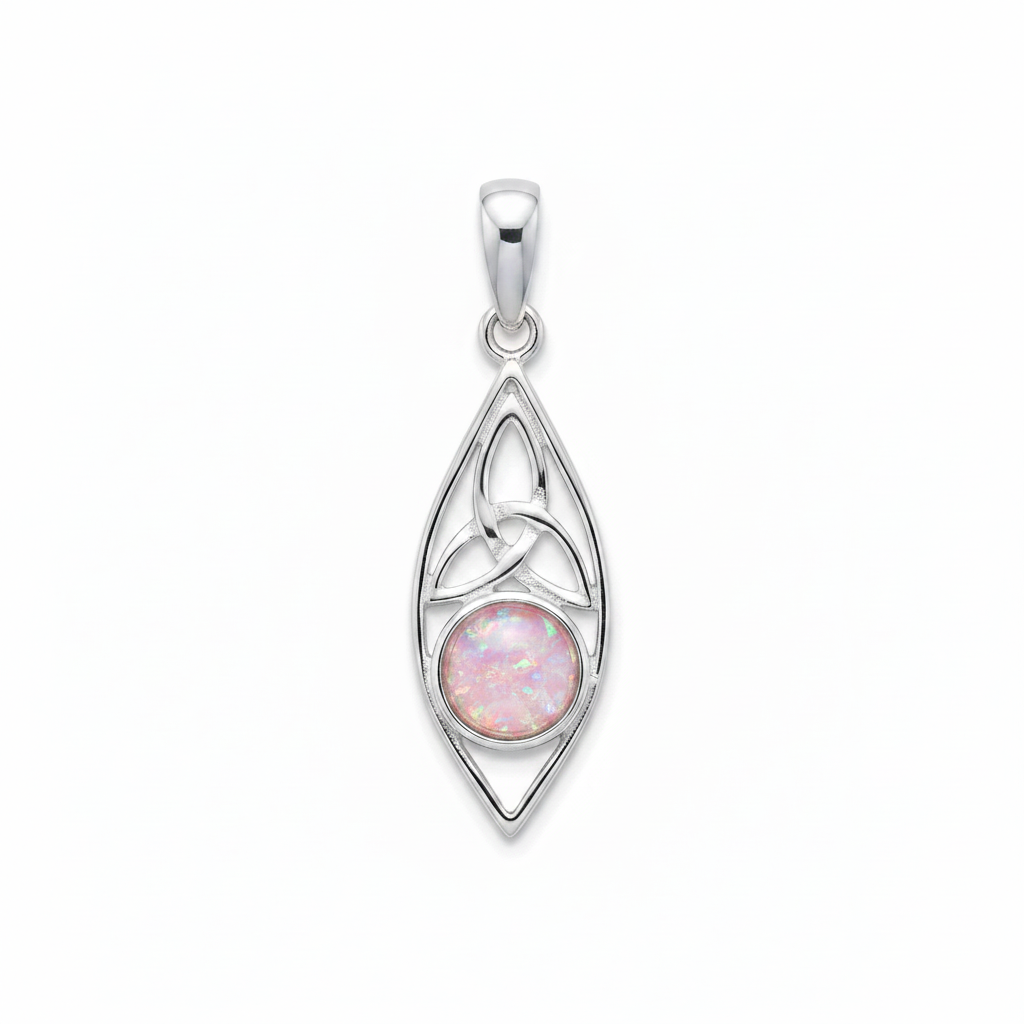 Silver 925 Celtic marquise memorial pendant with pink opal flakes, white background