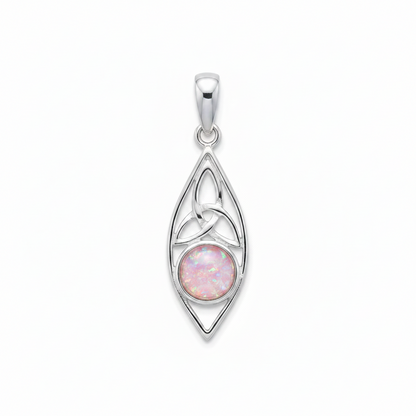 Silver 925 Celtic marquise memorial pendant with pink opal flakes, white background