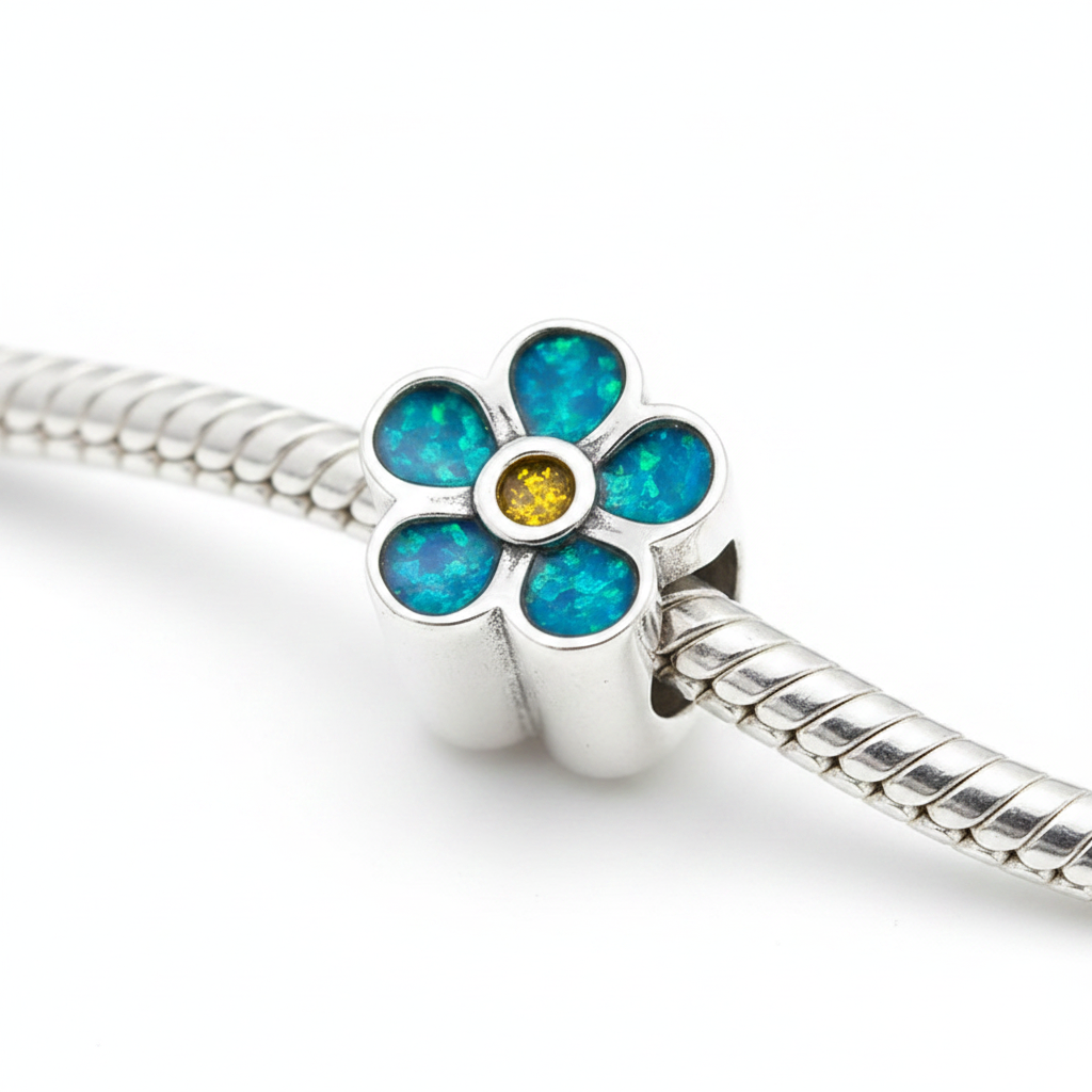 Forget-Me-Not Floral Bead 925 Silver Memorial Charm – blue opal petals with yellow centre