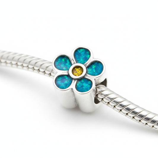 Forget-Me-Not Floral Bead 925 Silver Memorial Charm – blue opal petals with yellow centre