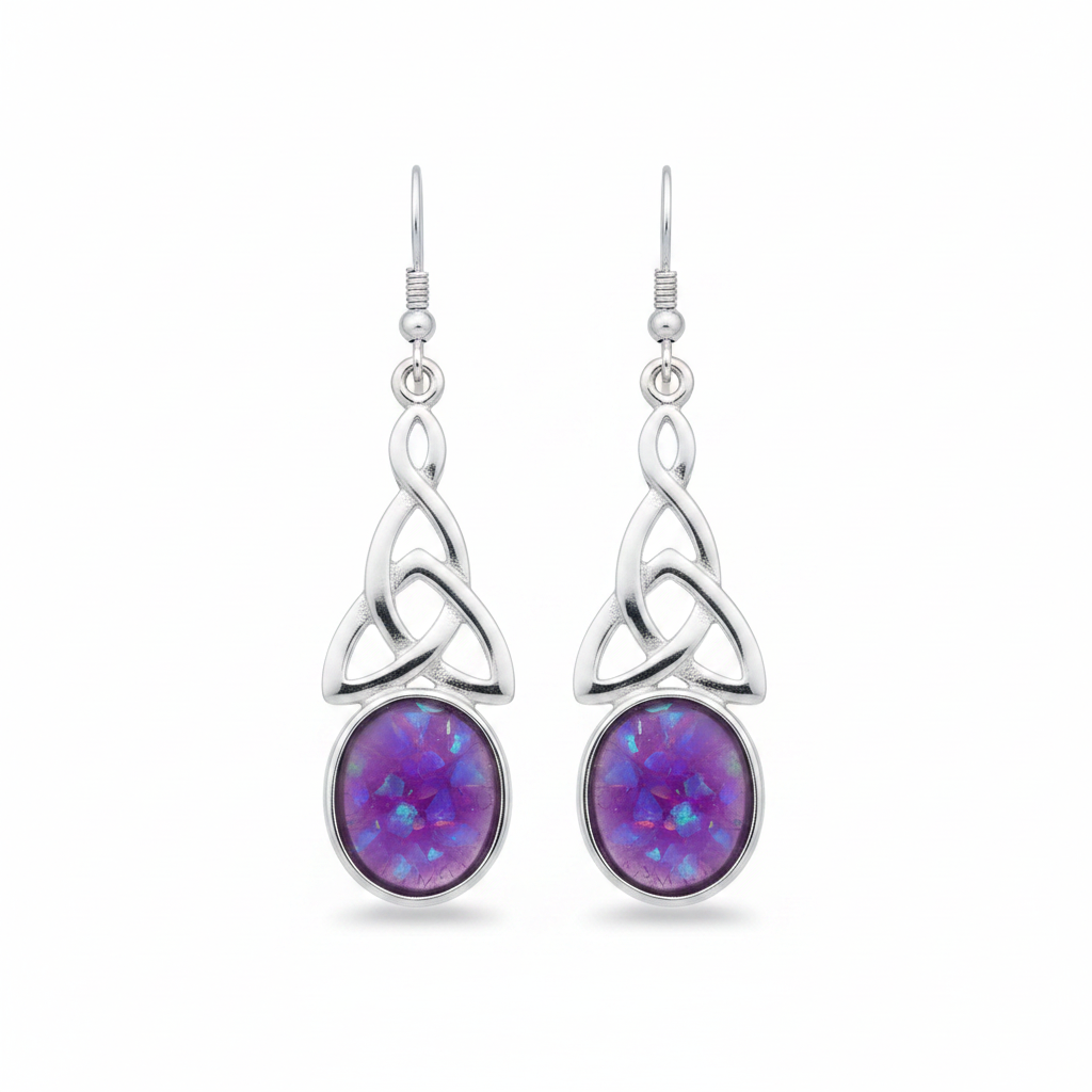 Silver 925 Celtic triquetra drop earrings - lavender purple opal resin