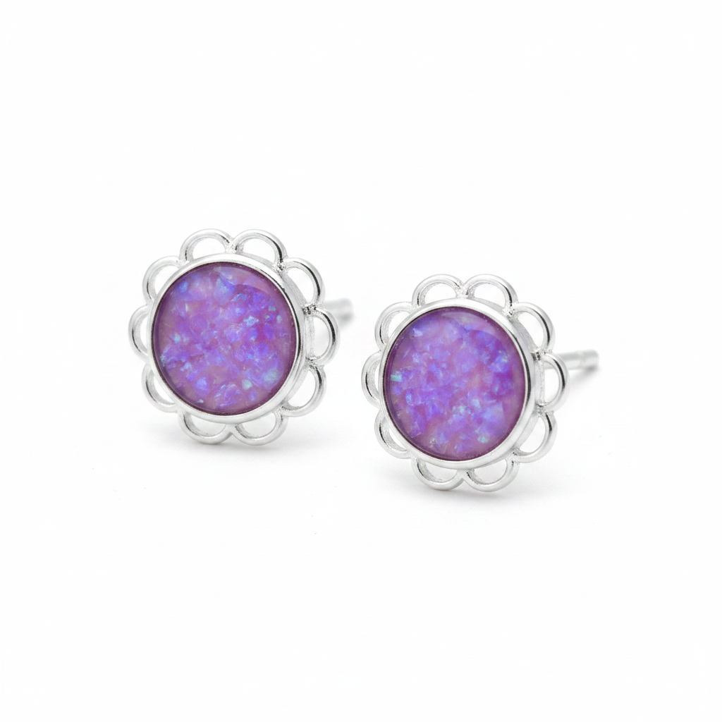Silver 925 frill edge stud earrings pair — lavender purple opal flakes resin in 6mm centre setting