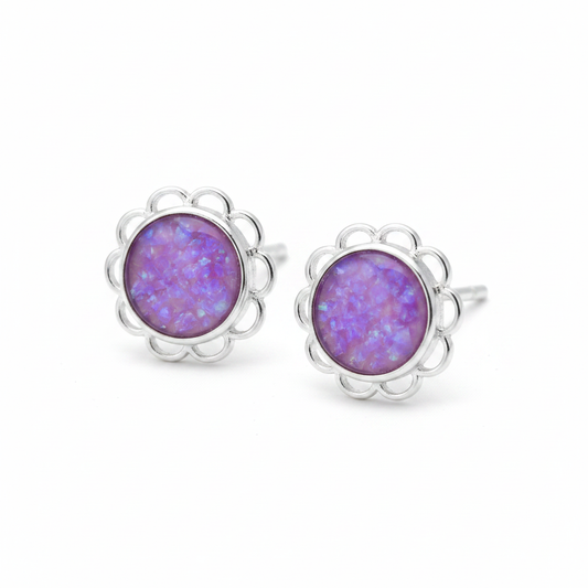 Silver 925 frill edge stud earrings pair — lavender purple opal flakes resin in 6mm centre setting