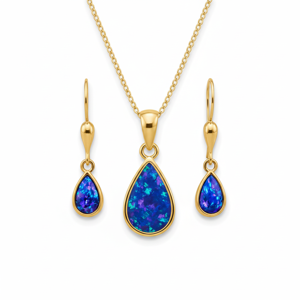 9ct gold teardrop memorial jewellery set with deep blue iridescent opal flakes – pendant earrings and chain flat-lay white background