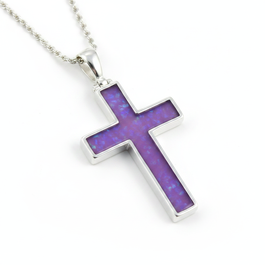 Silver 925 cross memorial pendant — lavender purple opal flakes resin filling full cross channel