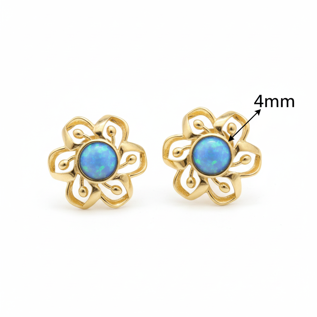 Gold filigree flower stud earrings dimensions guide — 4mm centre stone