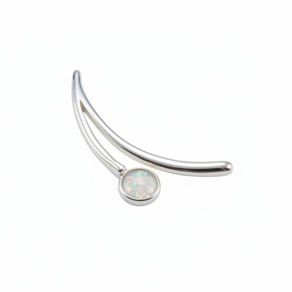 Silver 925 curved bar memorial pendant with white opal and mica, white background