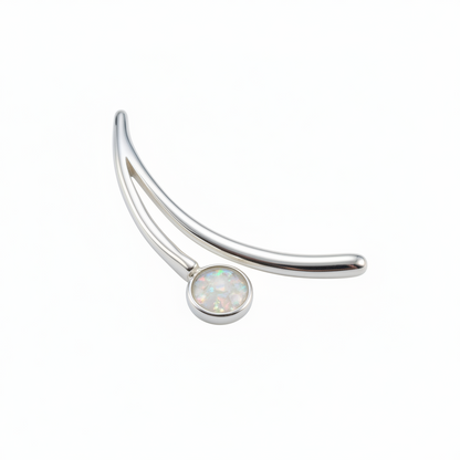 Silver 925 curved bar memorial pendant with white opal and mica, white background